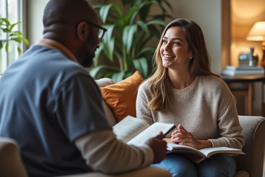 A young woman speaking to a young men, as she lifts up her eyes from reading a book. Concept of short-term drug rehab at Domus Retreat