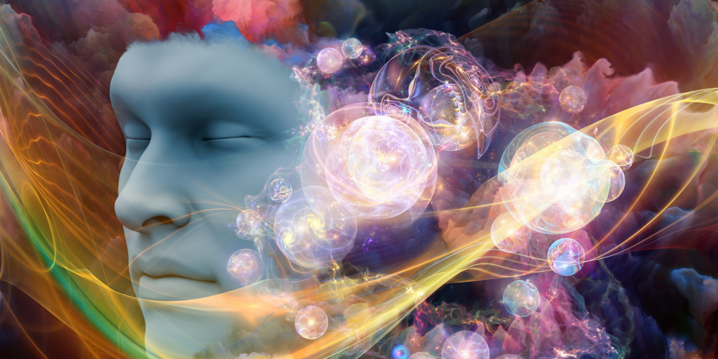 Image of an arrangement of human face and colorful fractal clouds on the subject of dreams mind spirituality imagination and inner world - concept of crazy dreams in early sobriety.