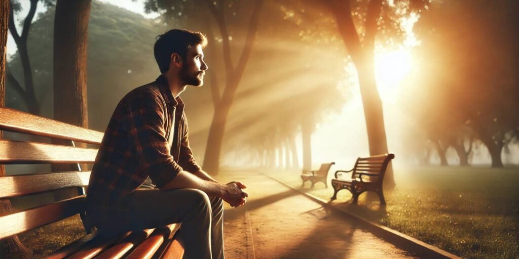 a young man sitting on a park bench, looking on, with sunlight peaking through the trees. Concept of early addiction treatment.