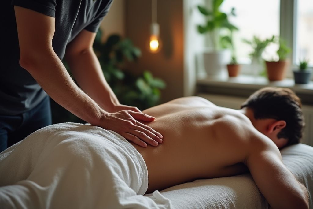 A male in his 30s receiving a massage in the comfort of his bedroom. Concept of massage therapy at Domus Retreat.