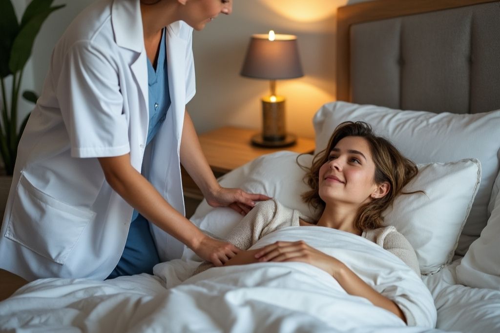 Female in her early 30s resting comfortably in a beautiful bedroom with a therapist standing next to the bed, kindly speaking to her. Concept of rapid detox recovery care at Domus Retreat.