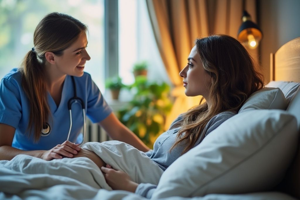 A young female patient with a female nurse at Domus Retreat short-term drug alcohol program