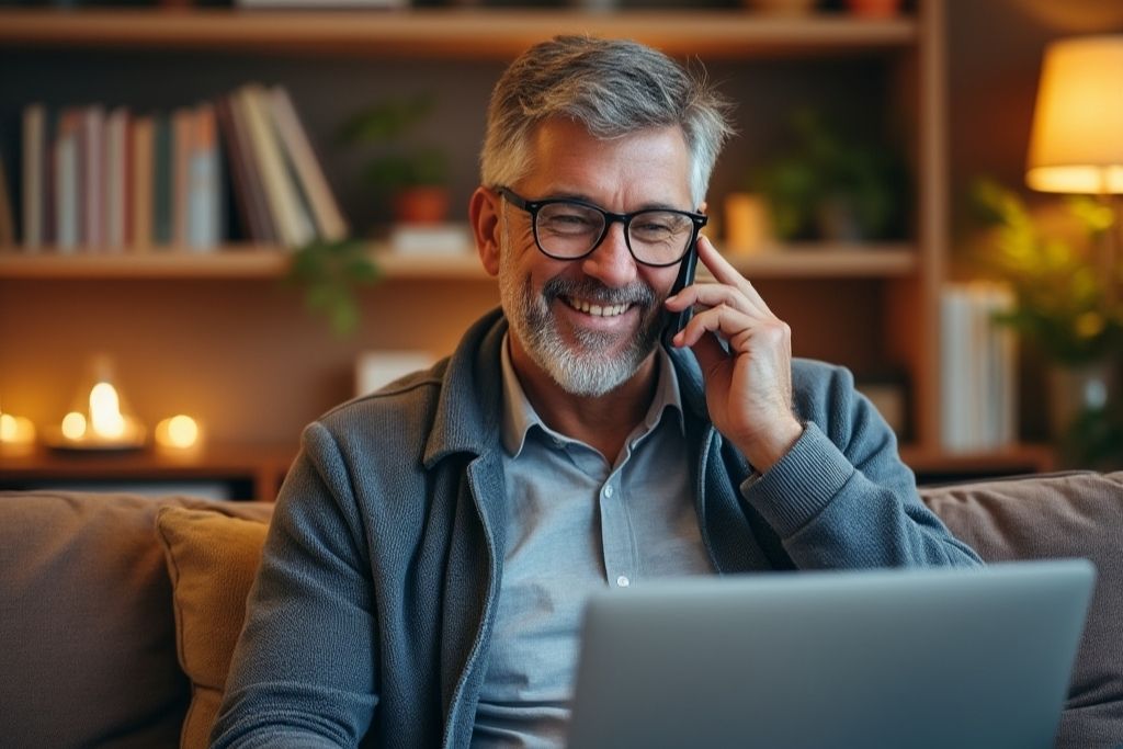 An older gentleman in a cozy room with a laptop, using his cellphone. A concept of short term executive residential treatment