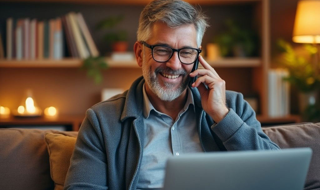 An older gentleman in a cozy room with a laptop, using his cellphone. A concept of short term rehab.