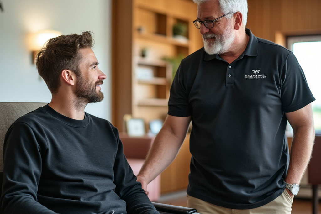 A young man speaking with a Domus Retreat counselor